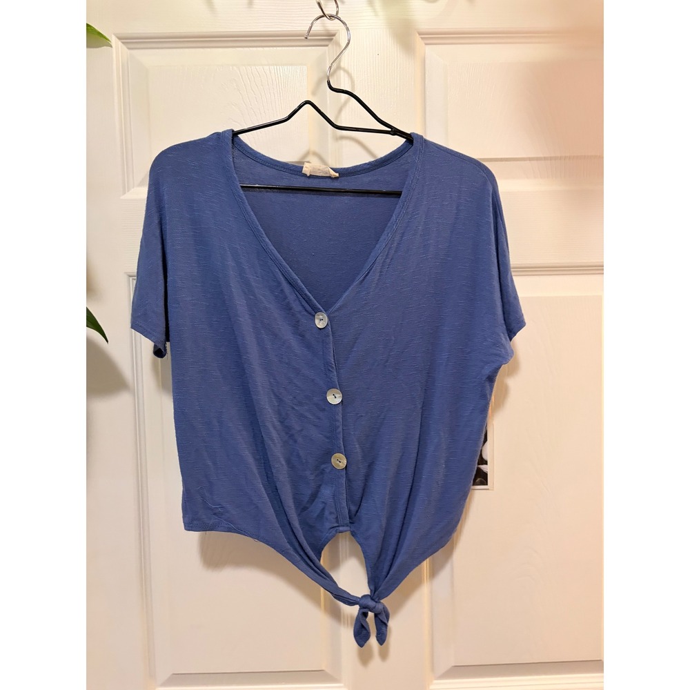 Pinc Womens Blue V-Neck Tie Front Short Sleeve Button Up Slub Knit Top Medium